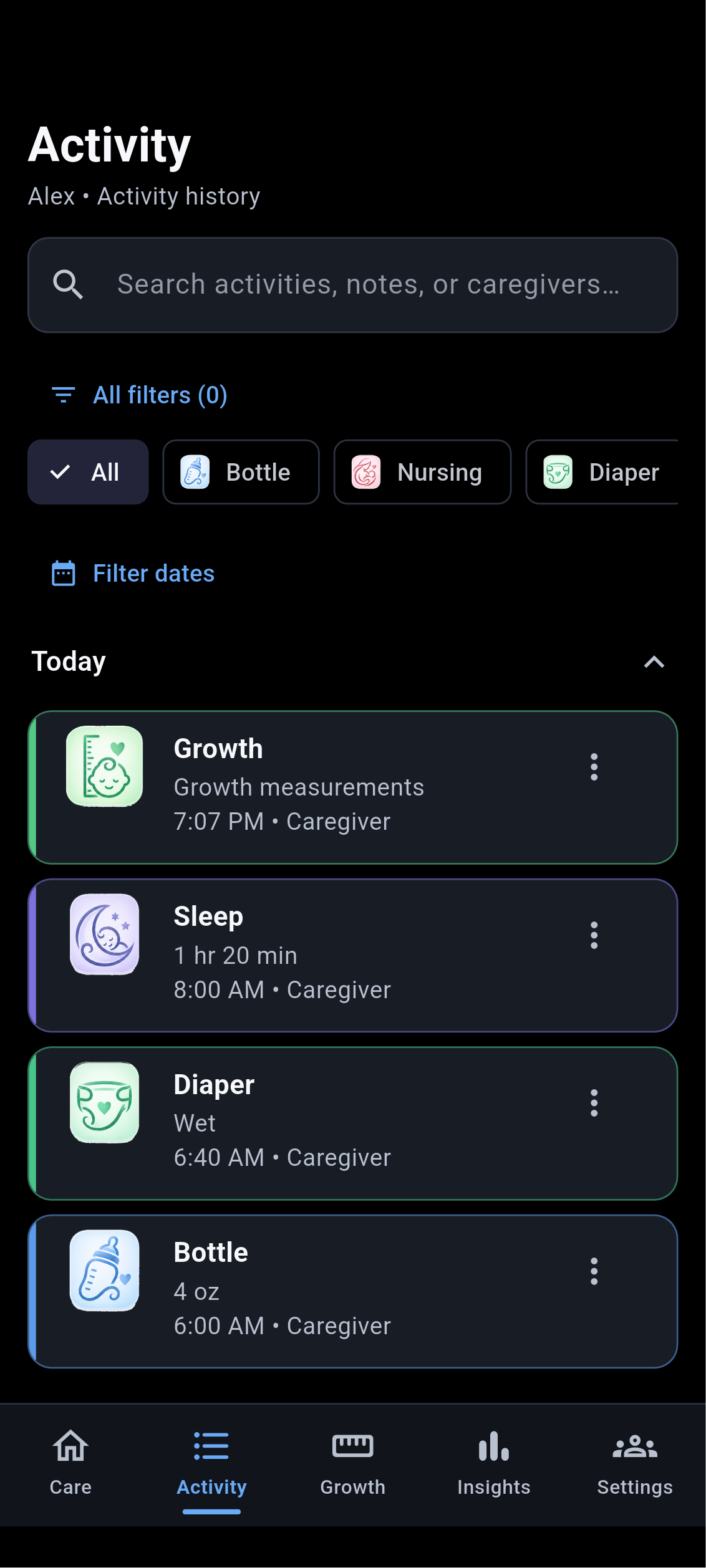 Offline app Activity screen with fictional sample data