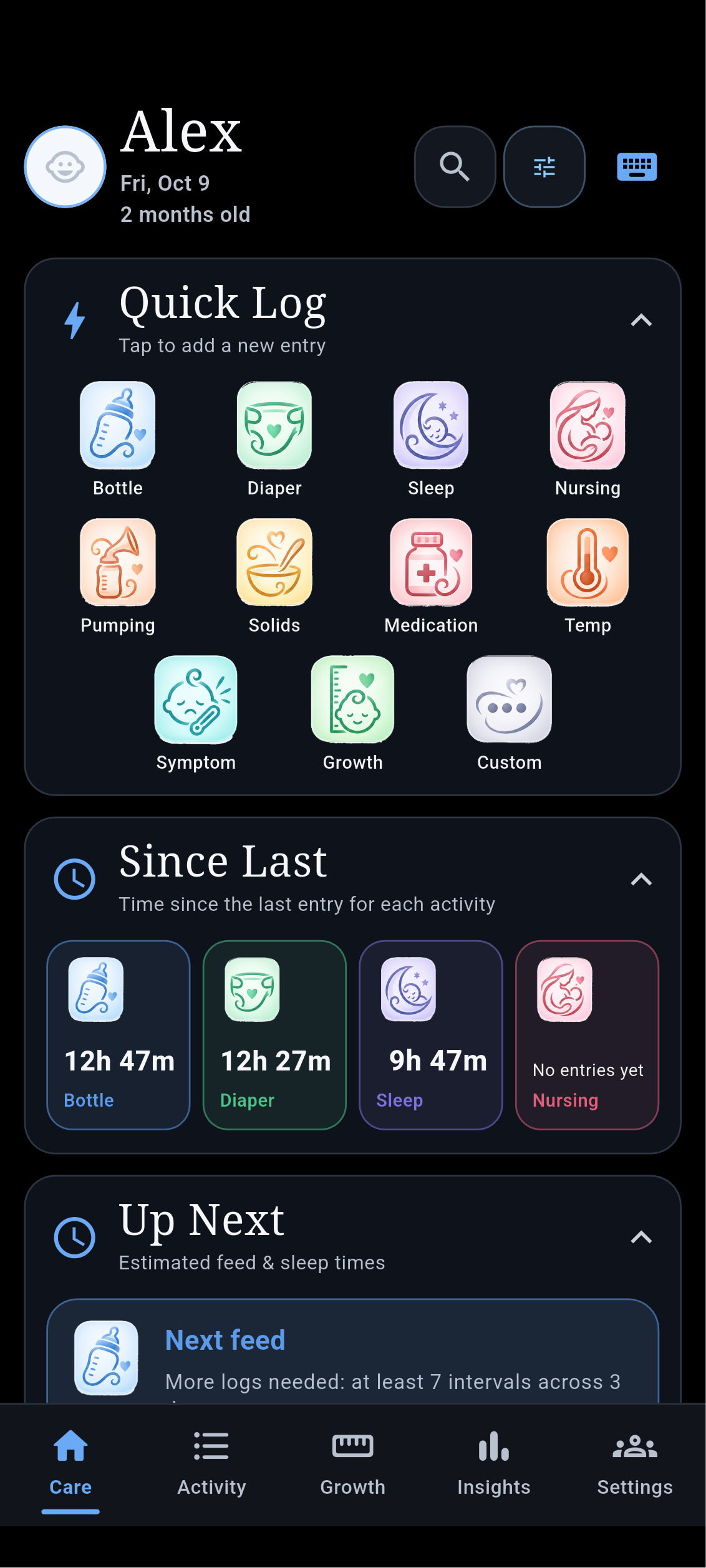 Offline app Care screen with fictional sample data