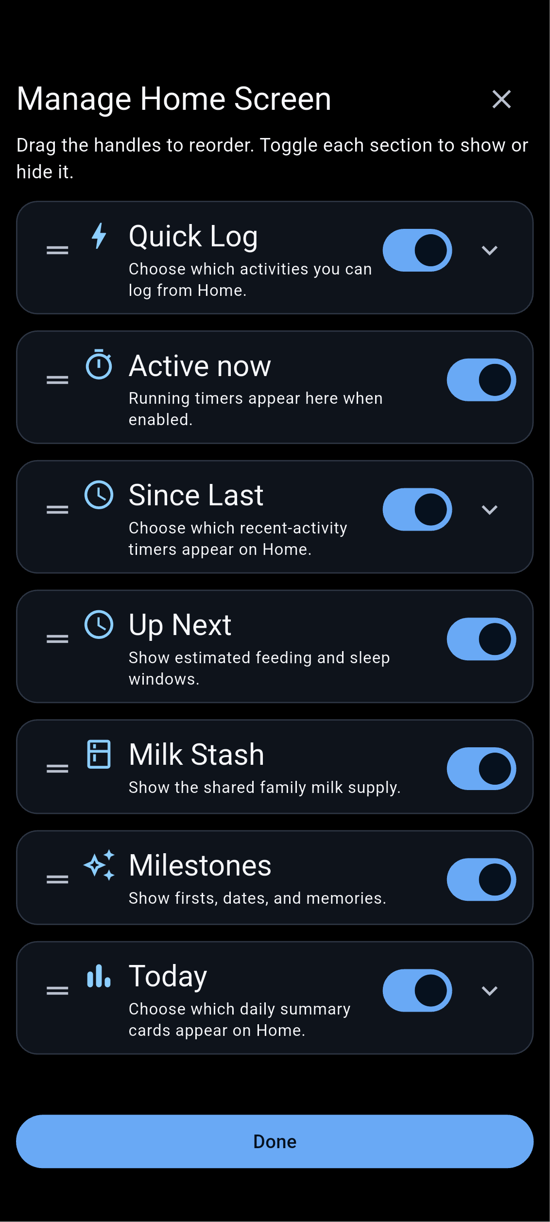 Manage Home Screen with reorder handles and visibility switches