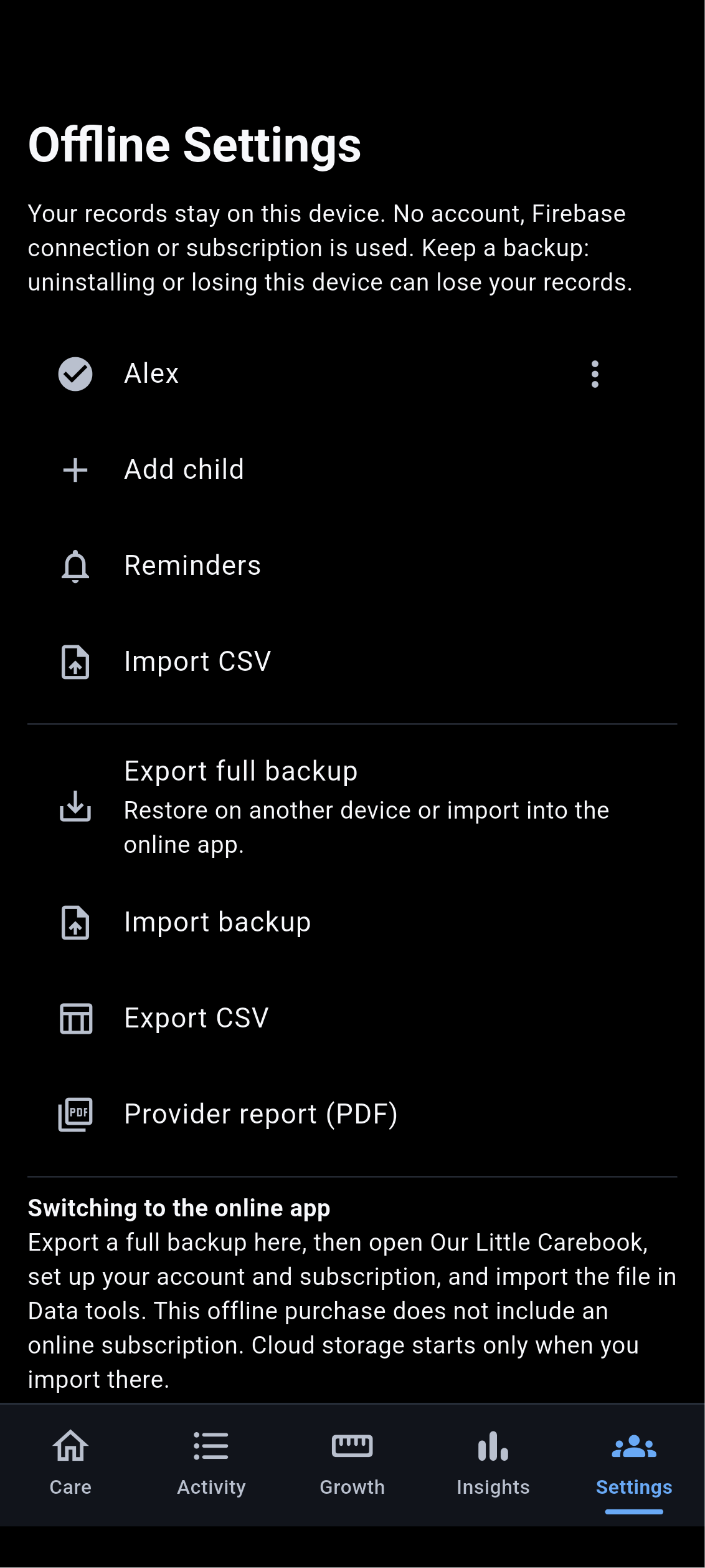 Offline app Offline Settings screen with fictional sample data