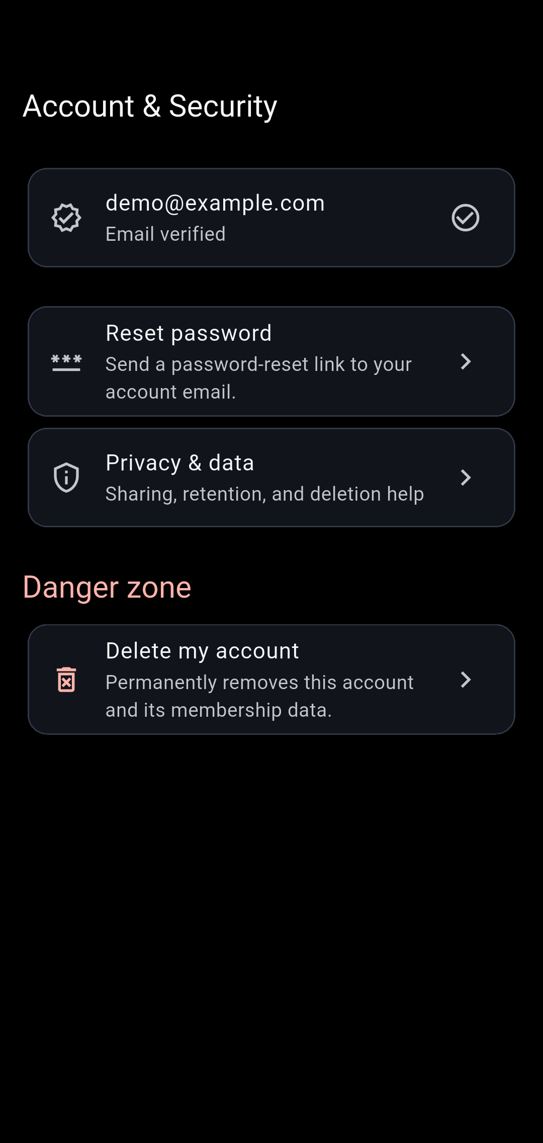 Account security screen in Our Little Carebook
