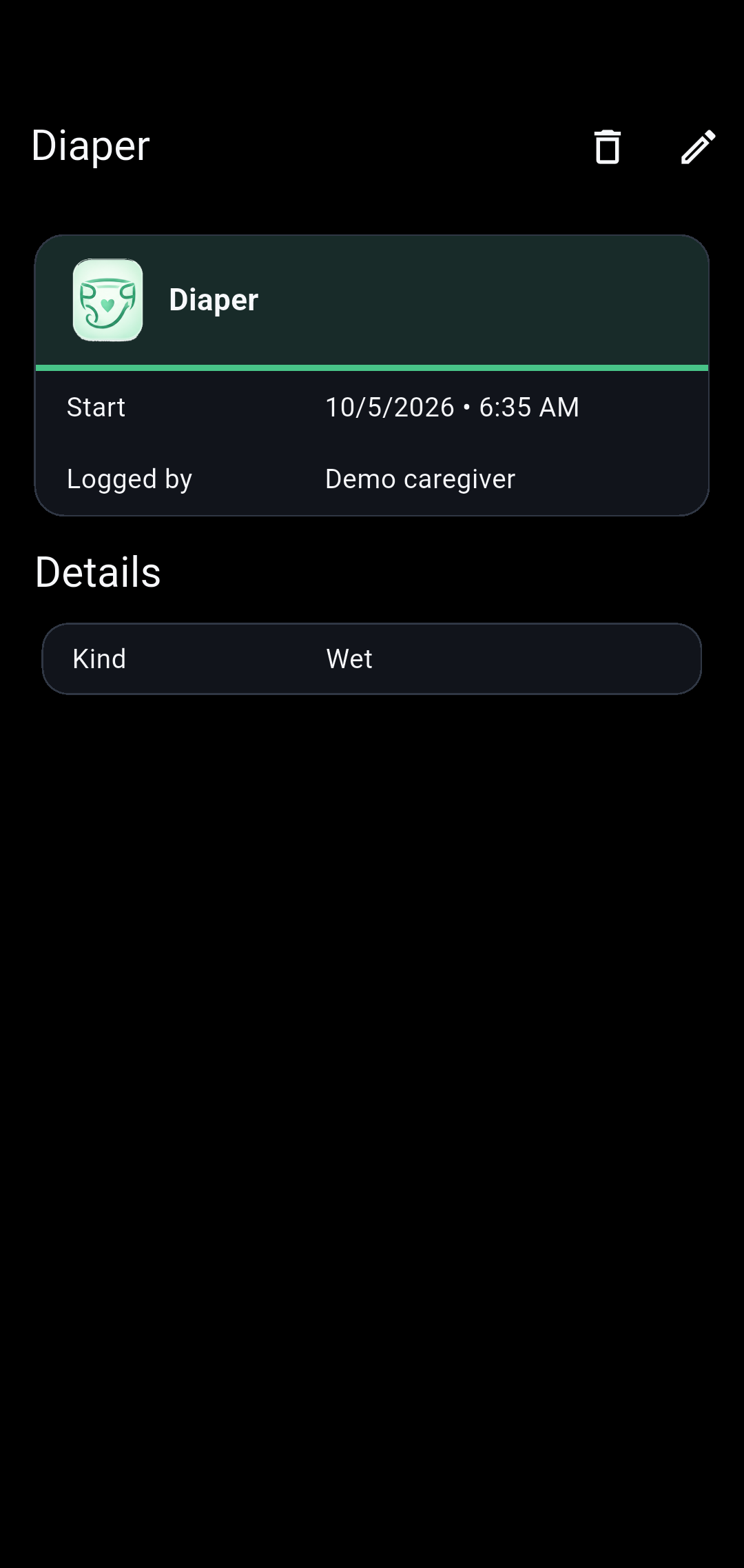 Entry details screen in Our Little Carebook