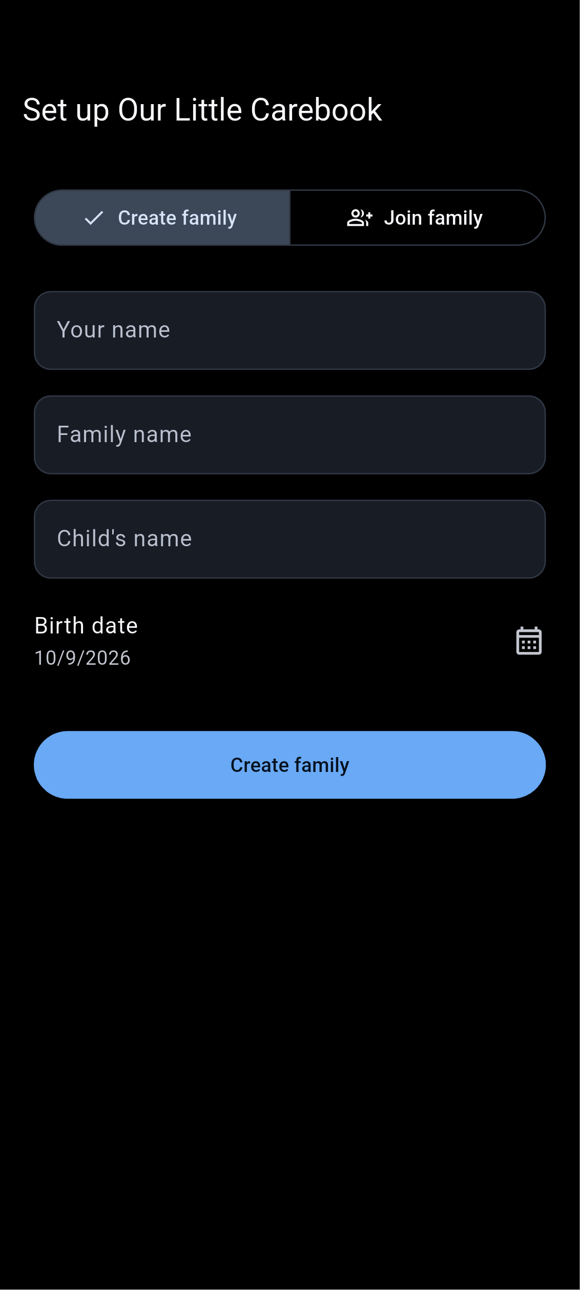 Family setup screen in Our Little Carebook