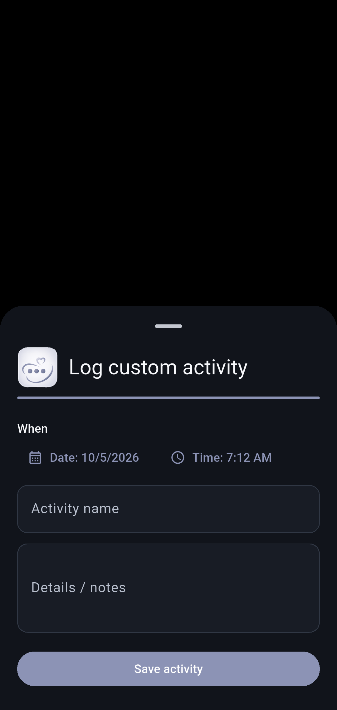 Custom activity screen in Our Little Carebook