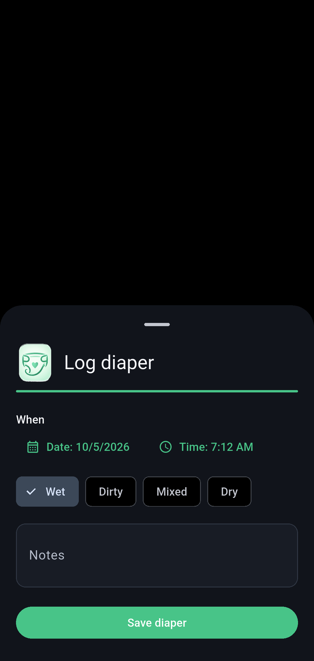 Diaper screen in Our Little Carebook