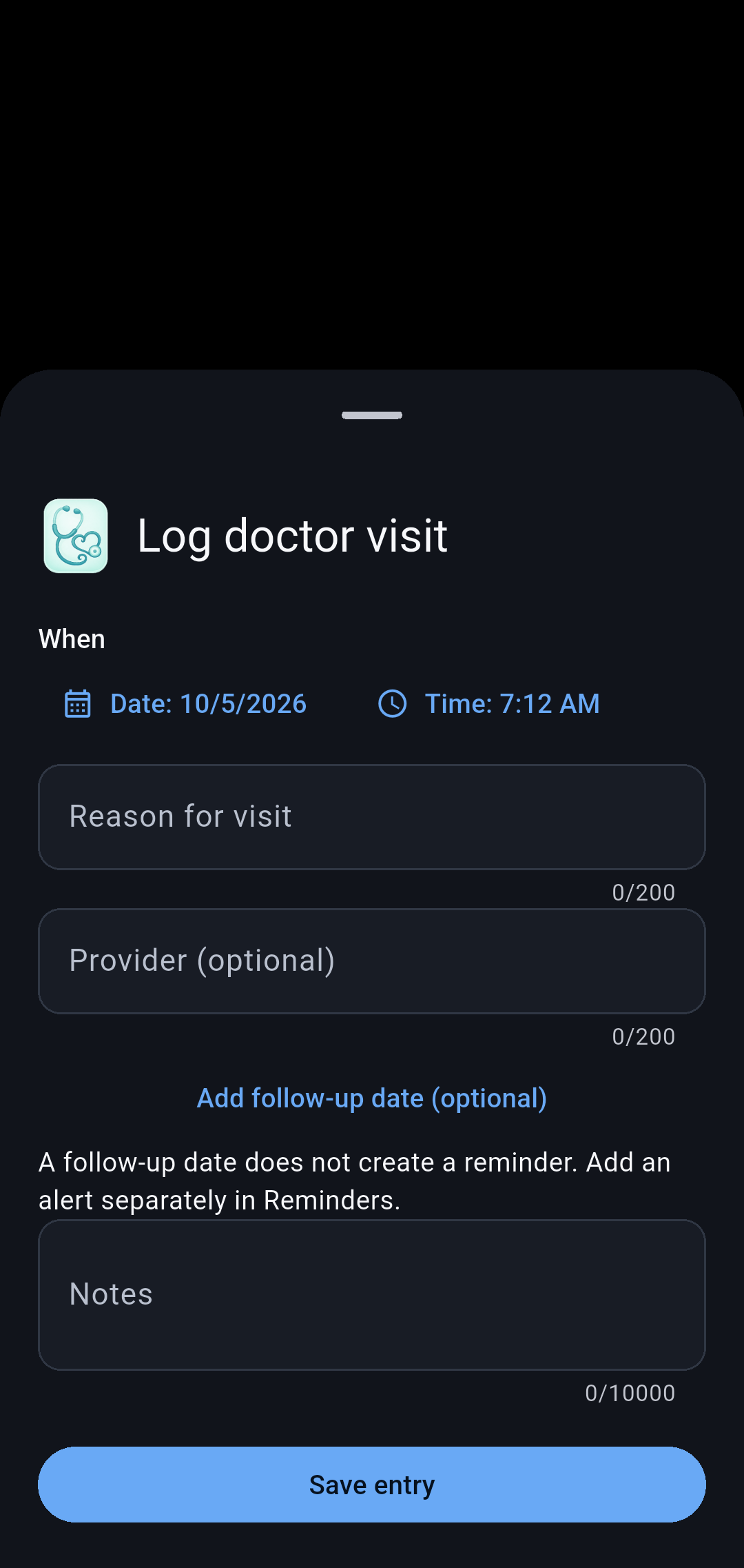 Doctor visits screen in Our Little Carebook