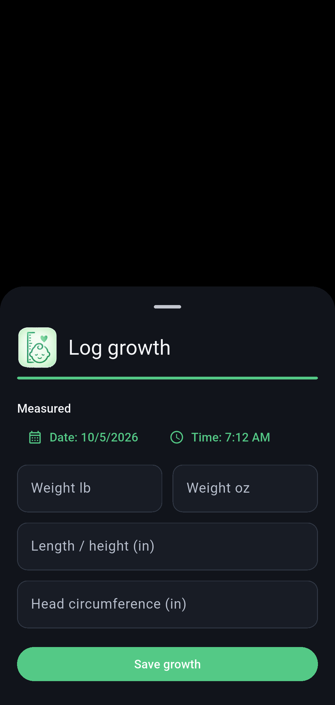 Growth measurement screen in Our Little Carebook