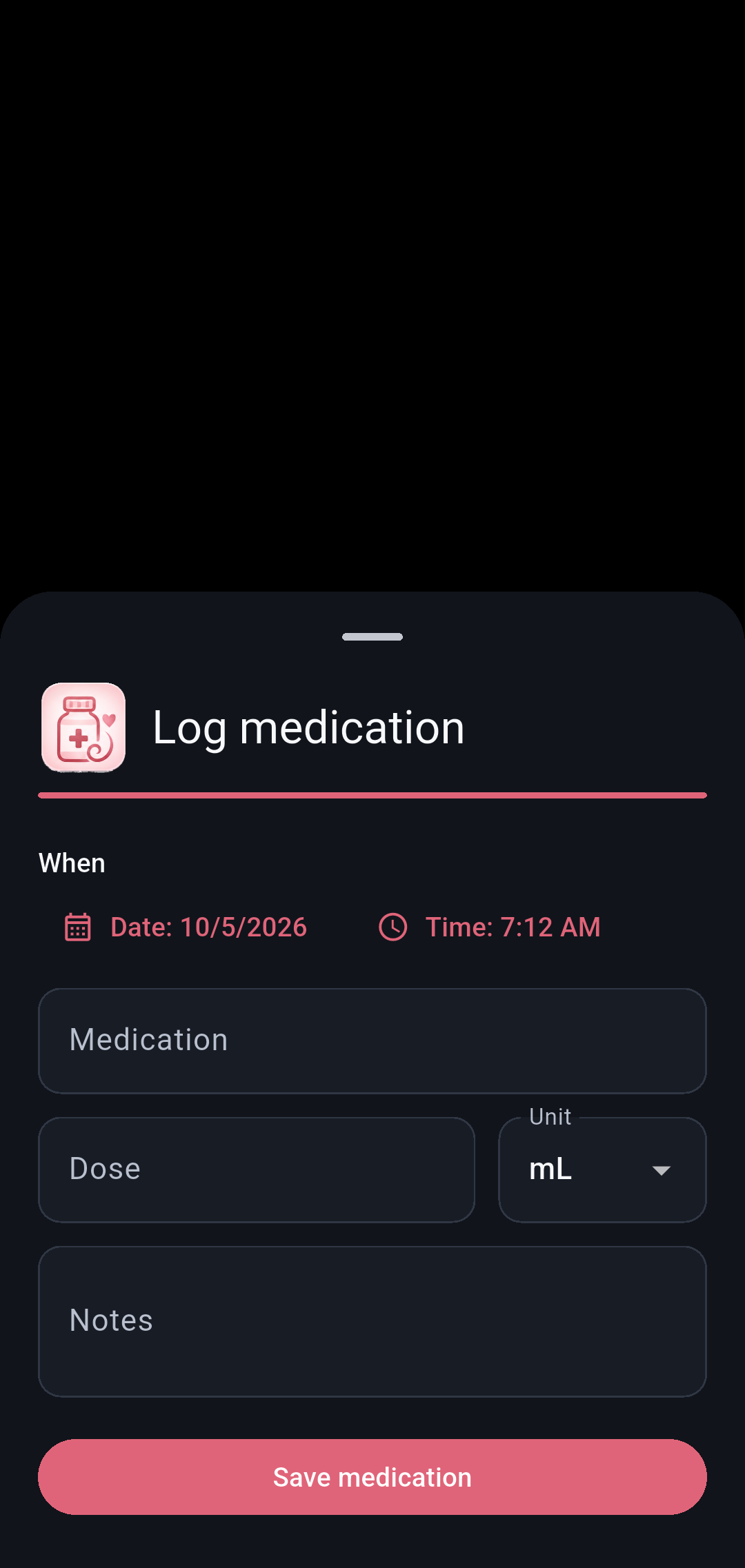 Medication screen in Our Little Carebook