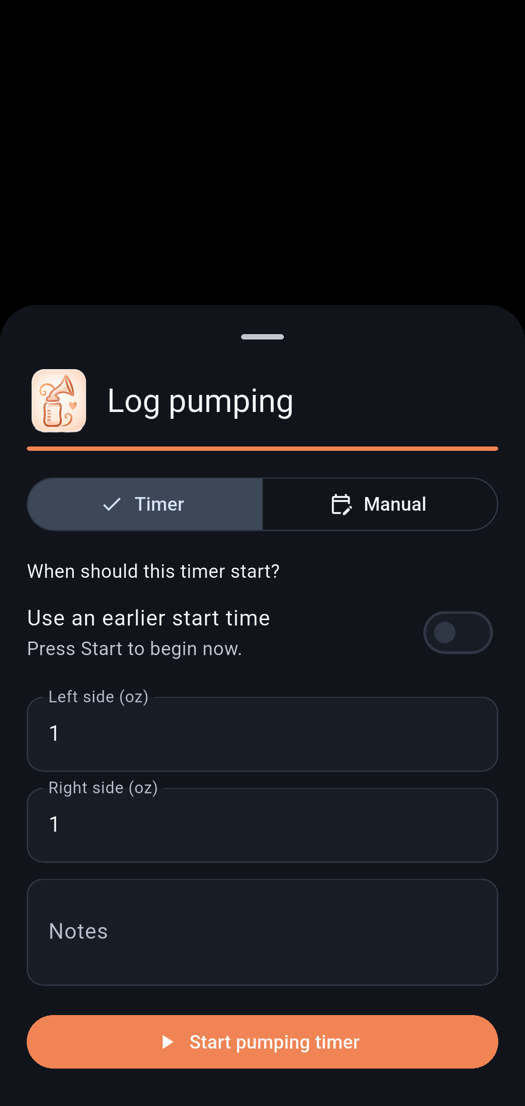 Pumping screen in Our Little Carebook