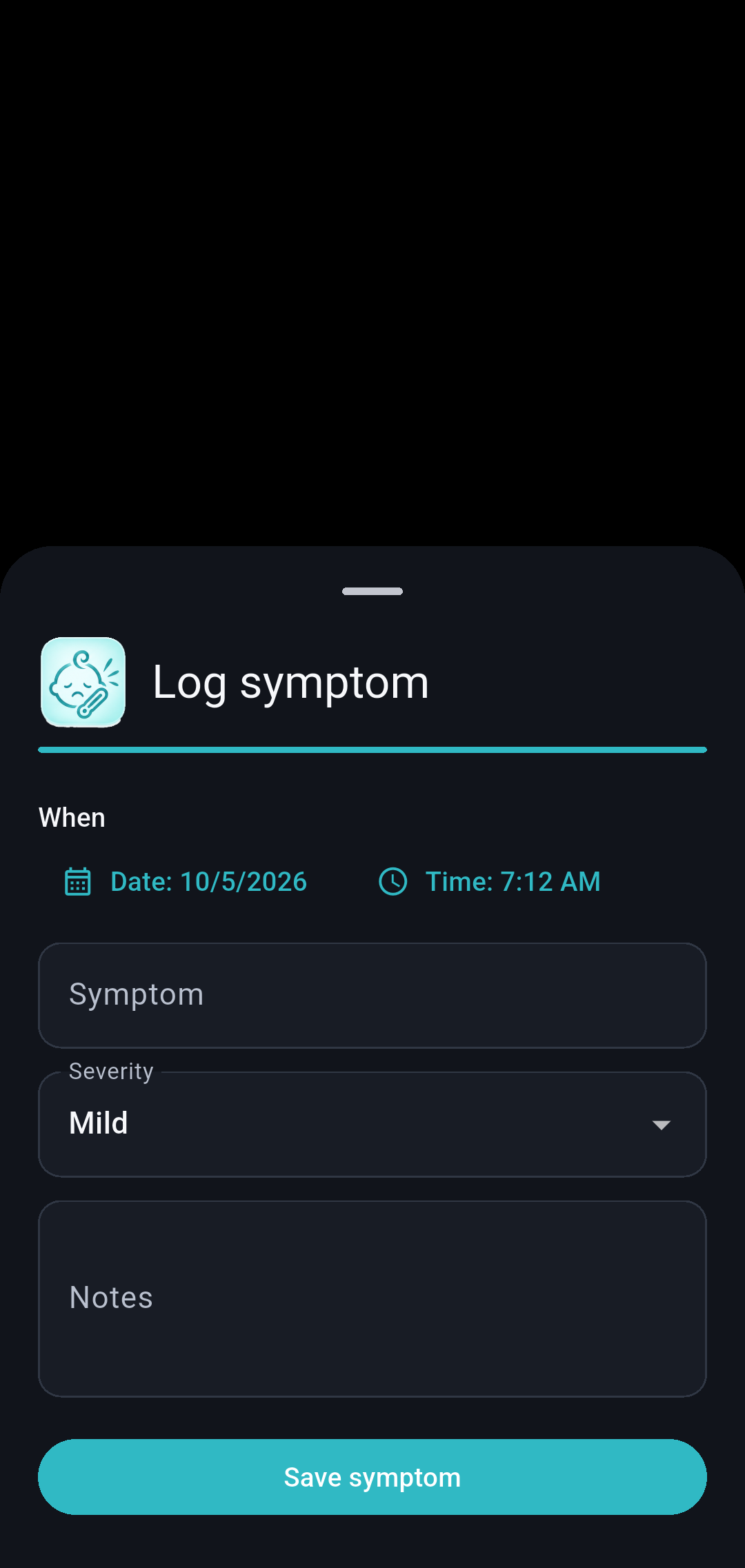 Symptoms screen in Our Little Carebook