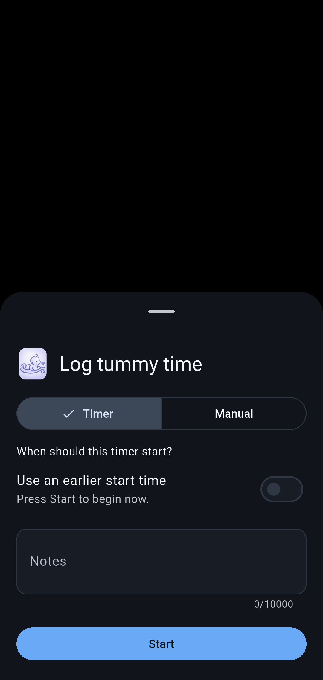Tummy time screen in Our Little Carebook
