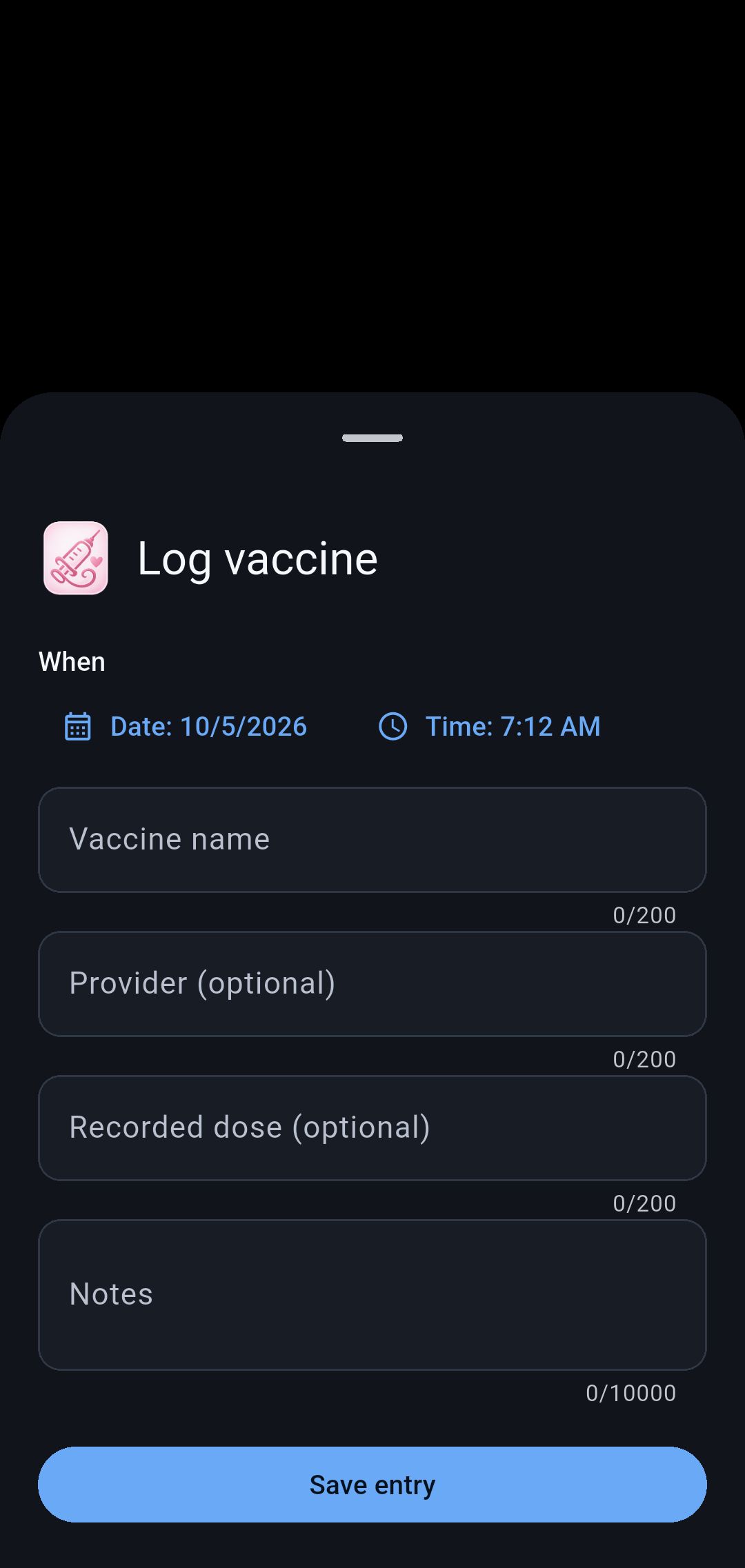 Vaccines screen in Our Little Carebook