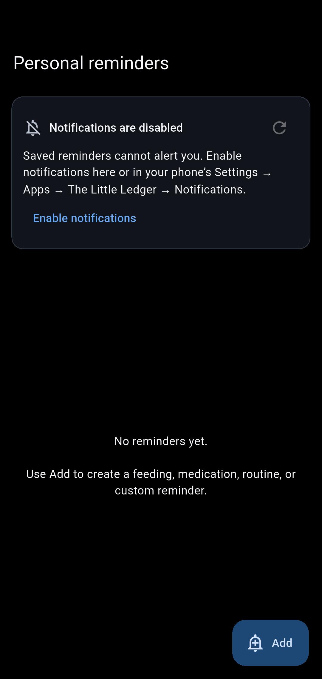 Reminders screen in Our Little Carebook