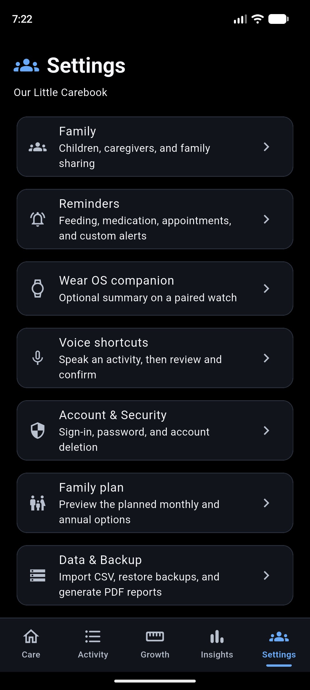 Settings screen in Our Little Carebook