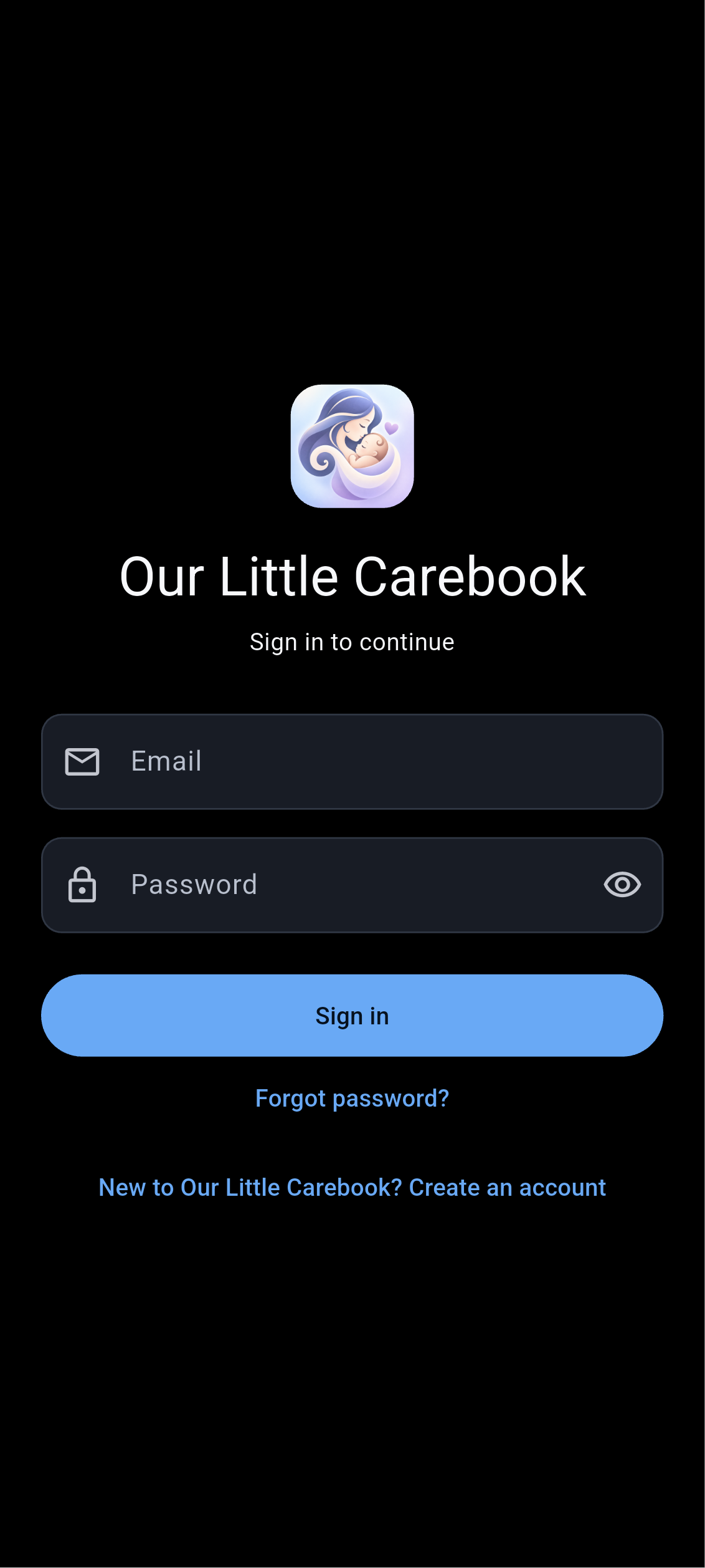 Sign in screen in Our Little Carebook