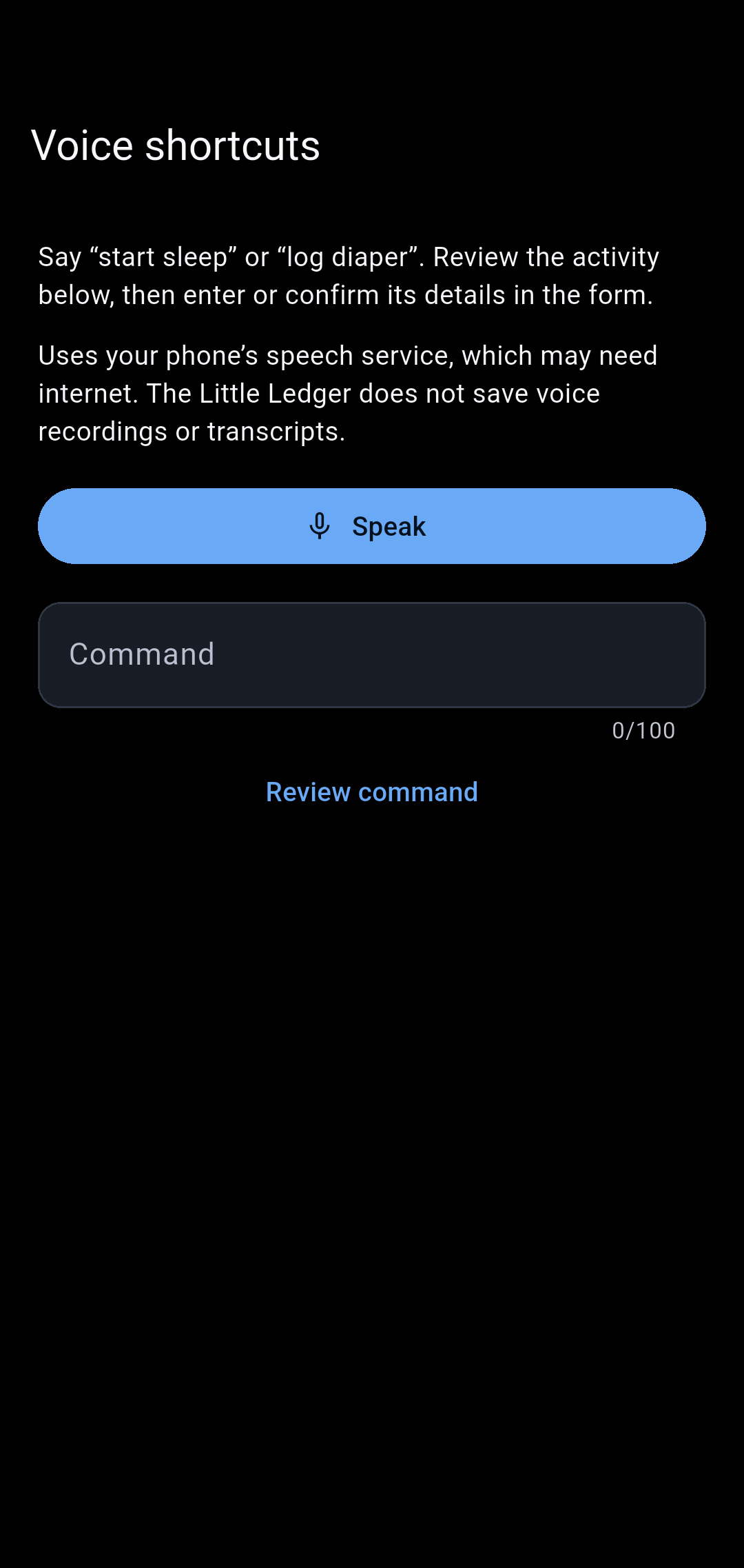Voice shortcuts screen in Our Little Carebook