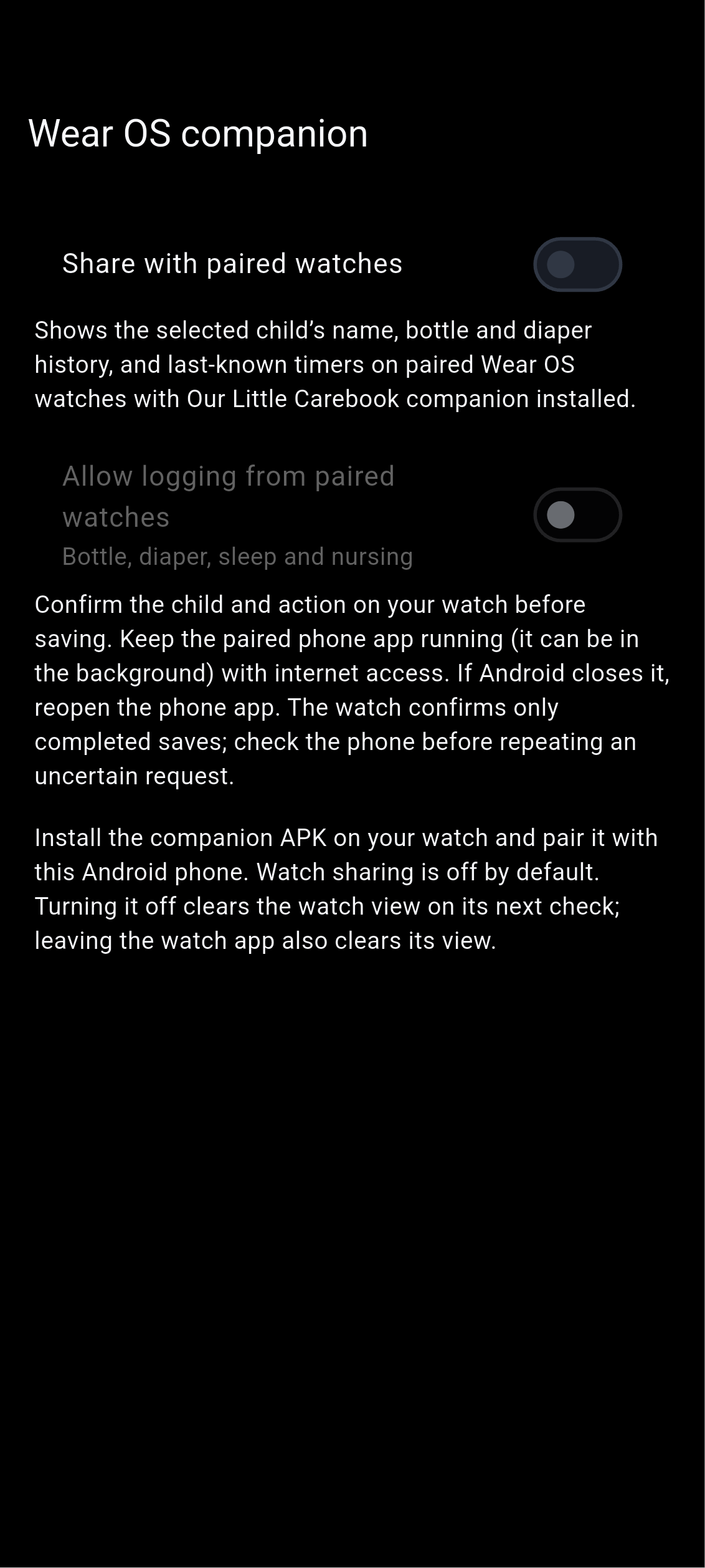 Watch settings screen in Our Little Carebook