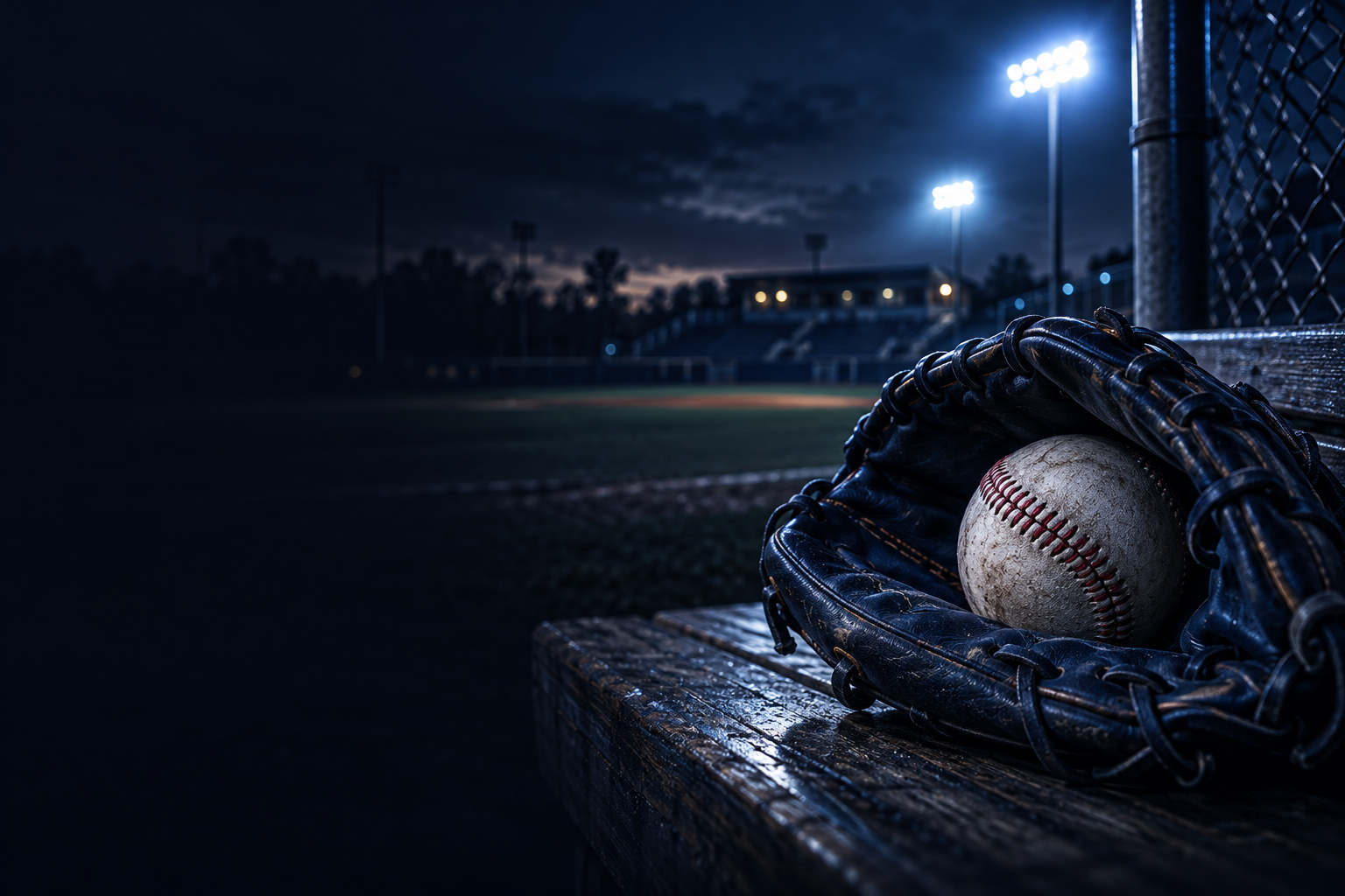 Baseball and glove beside a field under stadium lights